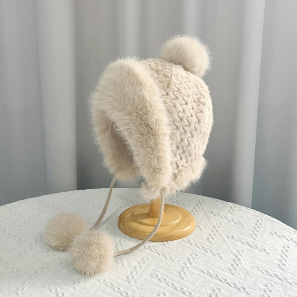 (beige, One Size) Women Autumn Winter Warm Ear Protector Hat Cold Resistant Imitation Velvet Outdoor Cycling Hair Ball Bomber Hat Sweet Cute Lei Feng Hat