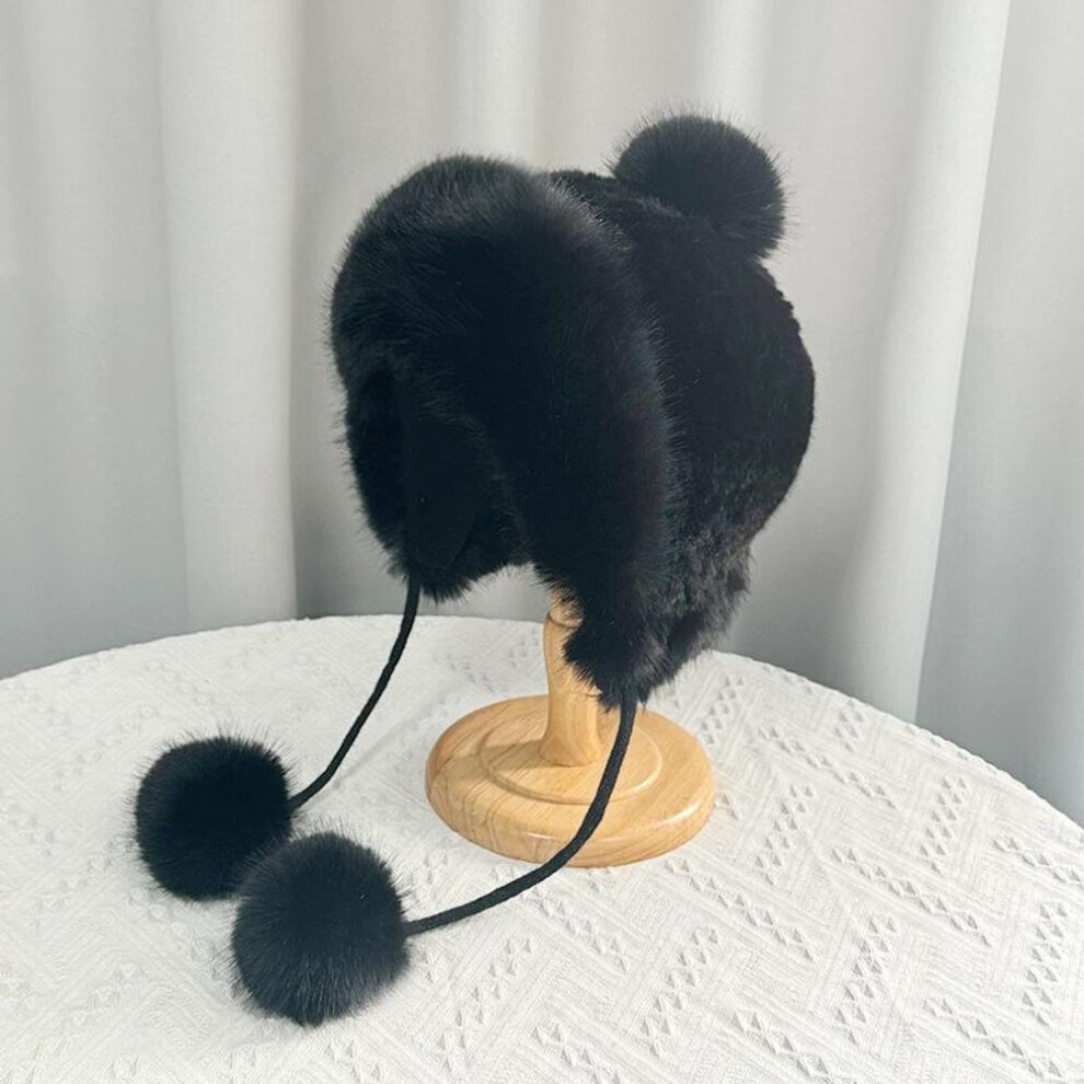 (black, One Size) Women Autumn Winter Warm Ear Protector Hat Cold Resistant Imitation Velvet Outdoor Cycling Hair Ball Bomber Hat Sweet Cute Lei Feng Hat