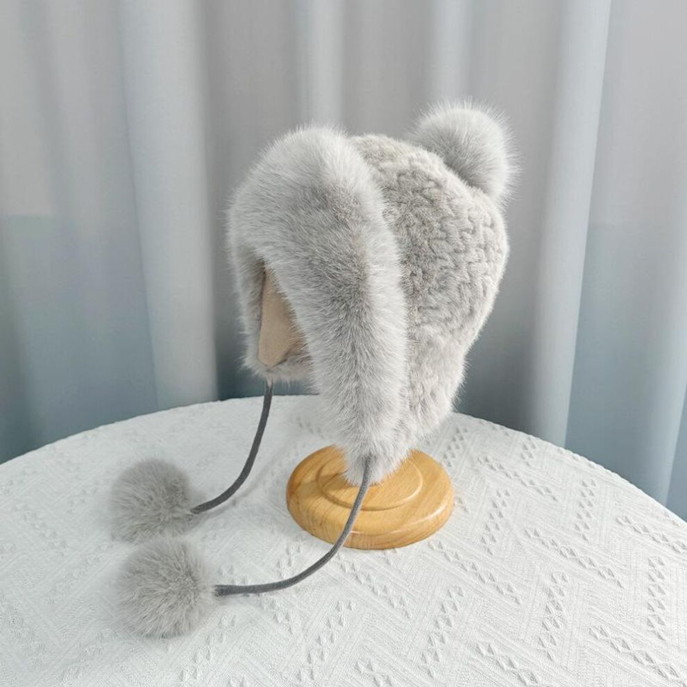 (gray, One Size) Women Autumn Winter Warm Ear Protector Hat Cold Resistant Imitation Velvet Outdoor Cycling Hair Ball Bomber Hat Sweet Cute Lei Feng Hat