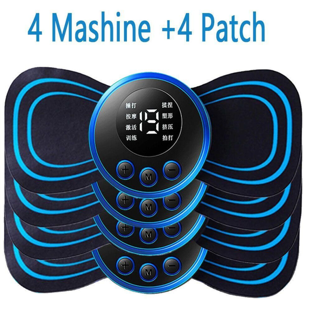 (4 Machine+4 Patch) Ems Neck Massager Rechargeable Cervical Massage Sticker Patch 8 Mode 19 Gears Pulsed Therapy Instrument Tens Muscle Stimulator Pain Relief