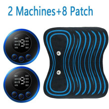 (2 Machine+8 Patch) EMS Neck Massager Rechargeable Cervical Massage Sticker Patch 8 Mode 19 Gears Pulsed Therapy Instrument Tens Muscle Stimulator Pain Relief