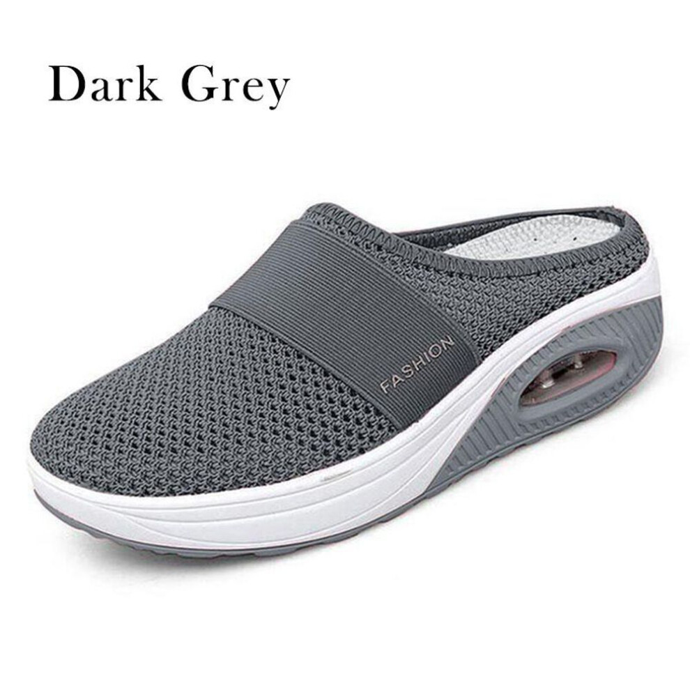 (dark grey, 37) Summer Fashion Women Slip On Shoes Lightweight Comfortable Breathable Half Slippers Hollow-out Air Soft Cushion Wedge Platform Shoes