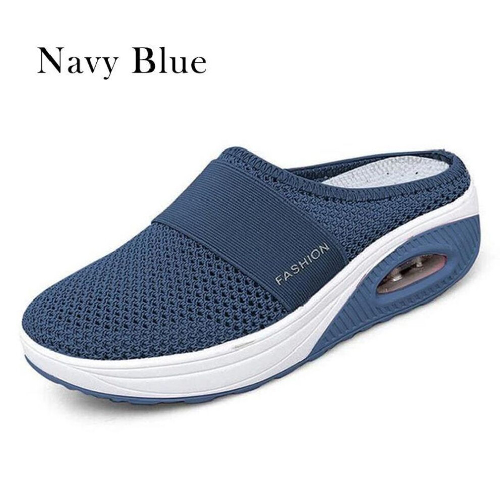 (navy blue, 42) Summer Fashion Women Slip On Shoes Lightweight Comfortable Breathable Half Slippers Hollow-out Air Soft Cushion Wedge Platform Shoes