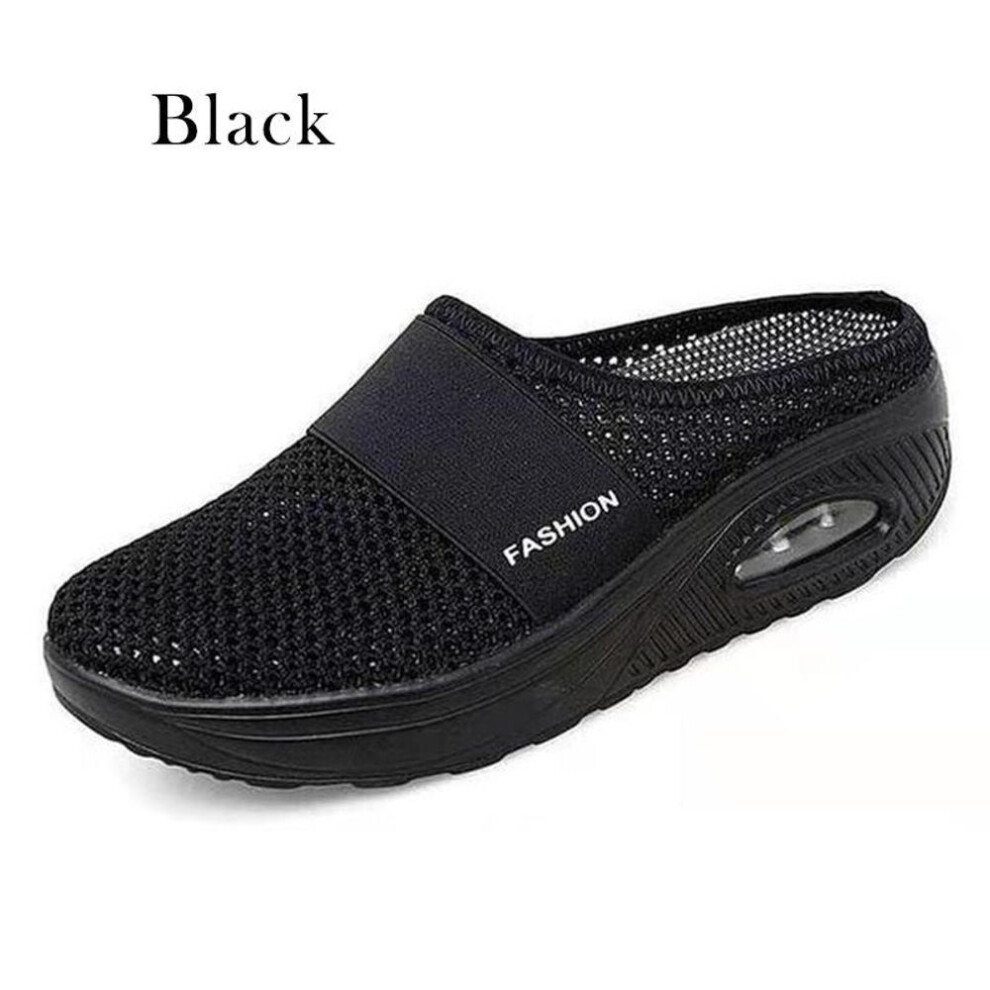 (black, 39) Summer Fashion Women Slip On Shoes Lightweight Comfortable Breathable Half Slippers Hollow-out Air Soft Cushion Wedge Platform Shoes