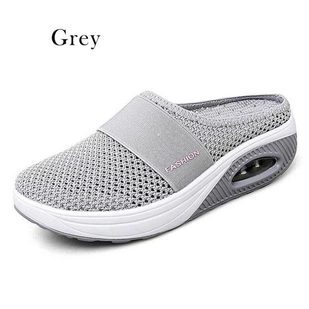 (grey, 38) Summer Fashion Women Slip On Shoes Lightweight Comfortable Breathable Half Slippers Hollow-Out Air Soft Cushion Wedge Platform Shoes