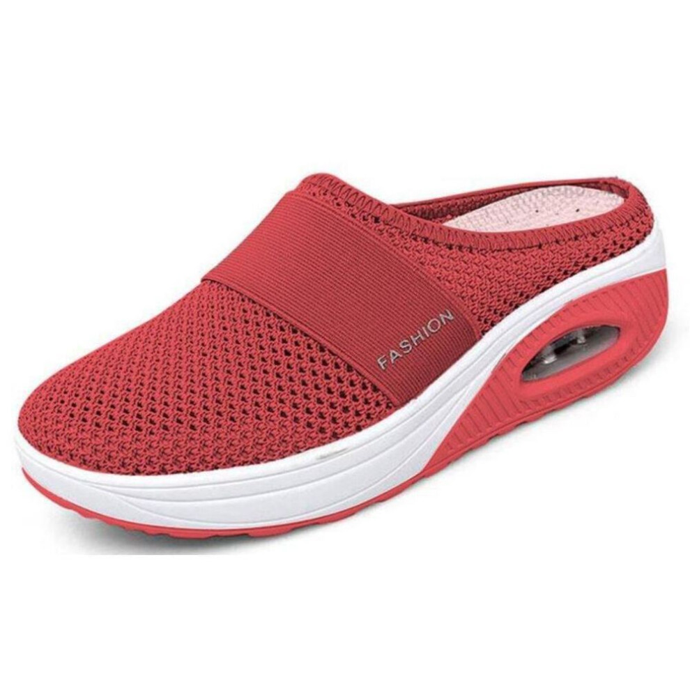 (red, 35) Summer Fashion Women Slip On Shoes Lightweight Comfortable Breathable Half Slippers Hollow-out Air Soft Cushion Wedge Platform Shoes