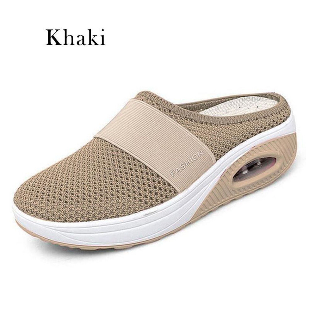 (khaki, 35) Summer Fashion Women Slip On Shoes Lightweight Comfortable Breathable Half Slippers Hollow-out Air Soft Cushion Wedge Platform Shoes