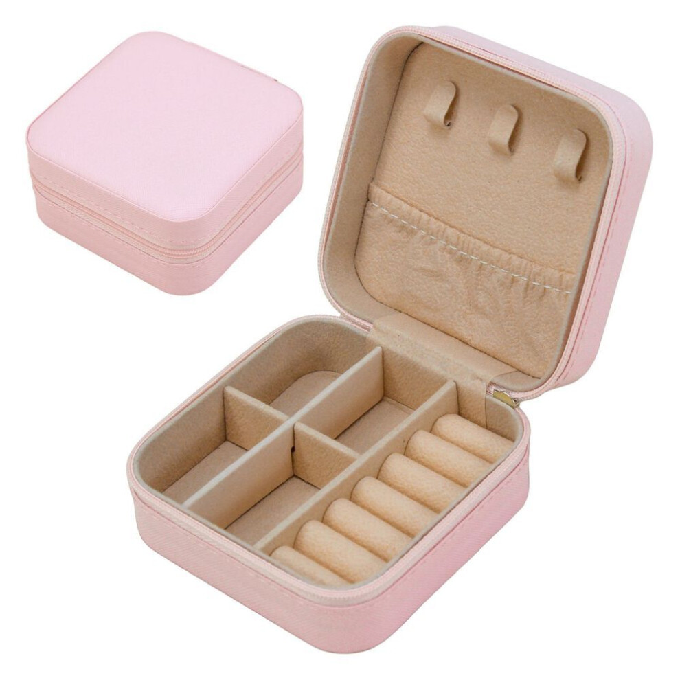 (cherry blossom pink, 10*10*5cm) Travel Jewelry Storage Box - Portable Necklace Earrings Ring Organizer Bag With Zipper