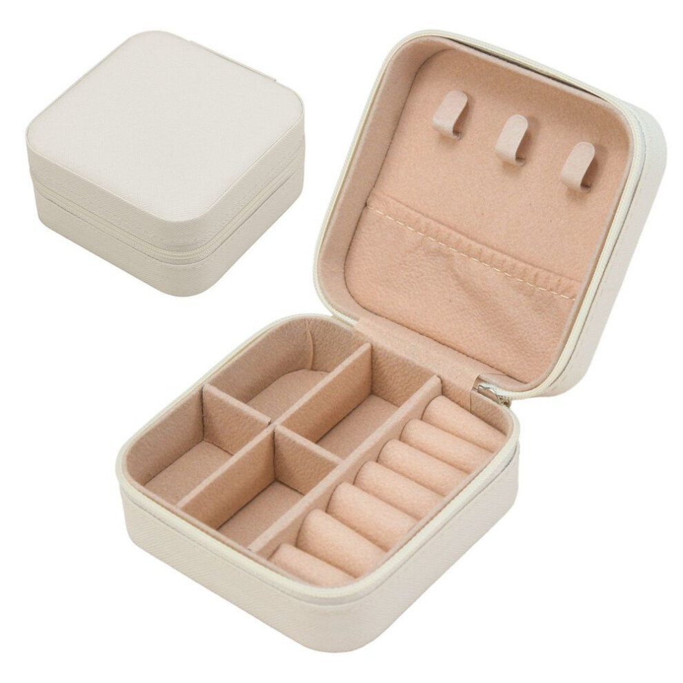 (off-white, 10*10*5cm) Travel Jewelry Storage Box - Portable Necklace Earrings Ring Organizer Bag with Zipper