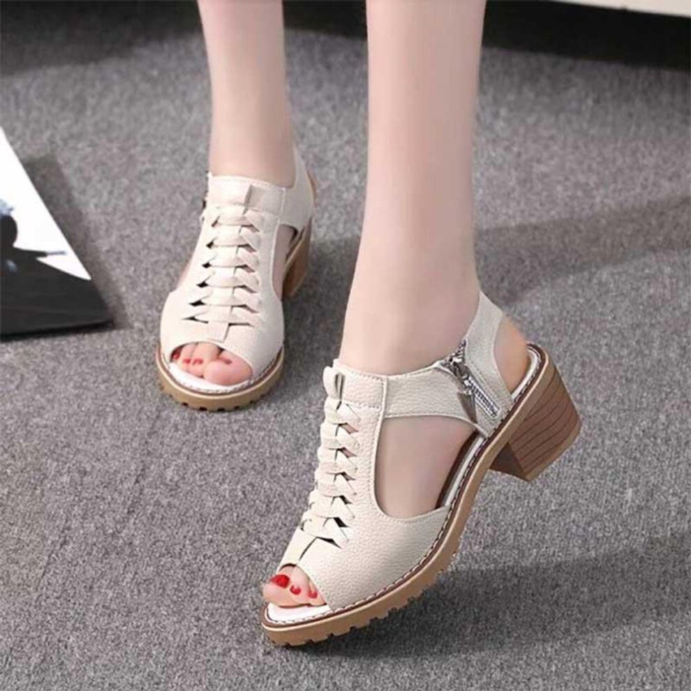 (beige, 39) Shoelife Online Fashion Summer Leather Waterproof Sandals Casual Matte Retro All-match Shoes for Women