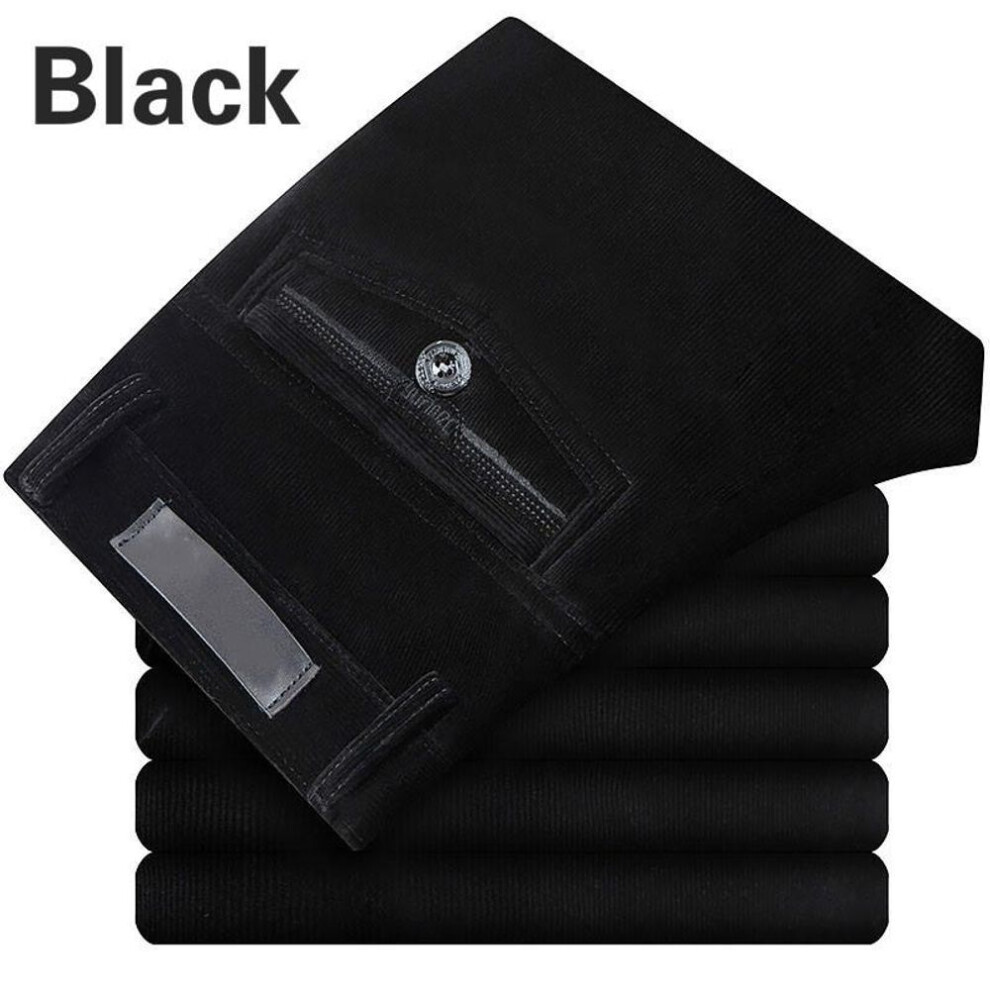 (black, 36) Men Corduroy Cord Trousers Stretch Straight Pants Casual Loose High Waist Retro Pants