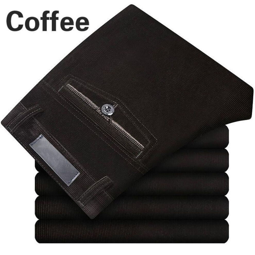 (coffee, 33) Men Corduroy Cord Trousers Stretch Straight Pants Casual Loose High Waist Retro Pants
