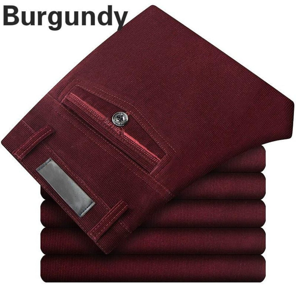 (burgundy, 33) Men Corduroy Cord Trousers Stretch Straight Pants Casual Loose High Waist Retro Pants