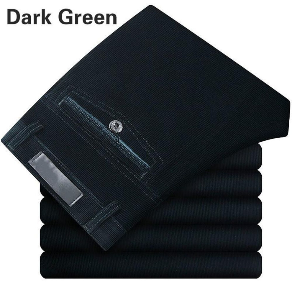 (dark green, 30) Men Corduroy Cord Trousers Stretch Straight Pants Casual Loose High Waist Retro Pants