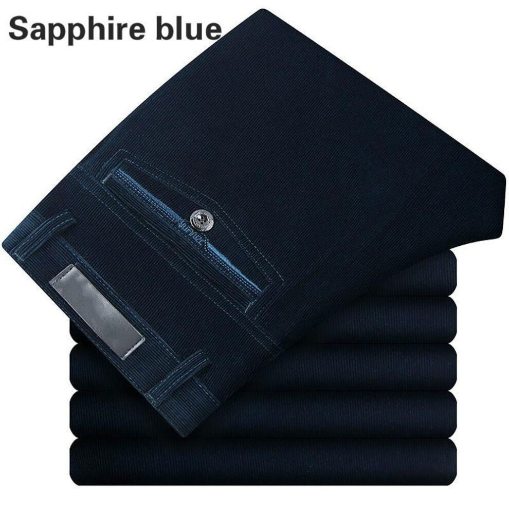 (sapphire blue, 34) Men Corduroy Cord Trousers Stretch Straight Pants Casual Loose High Waist Retro Pants