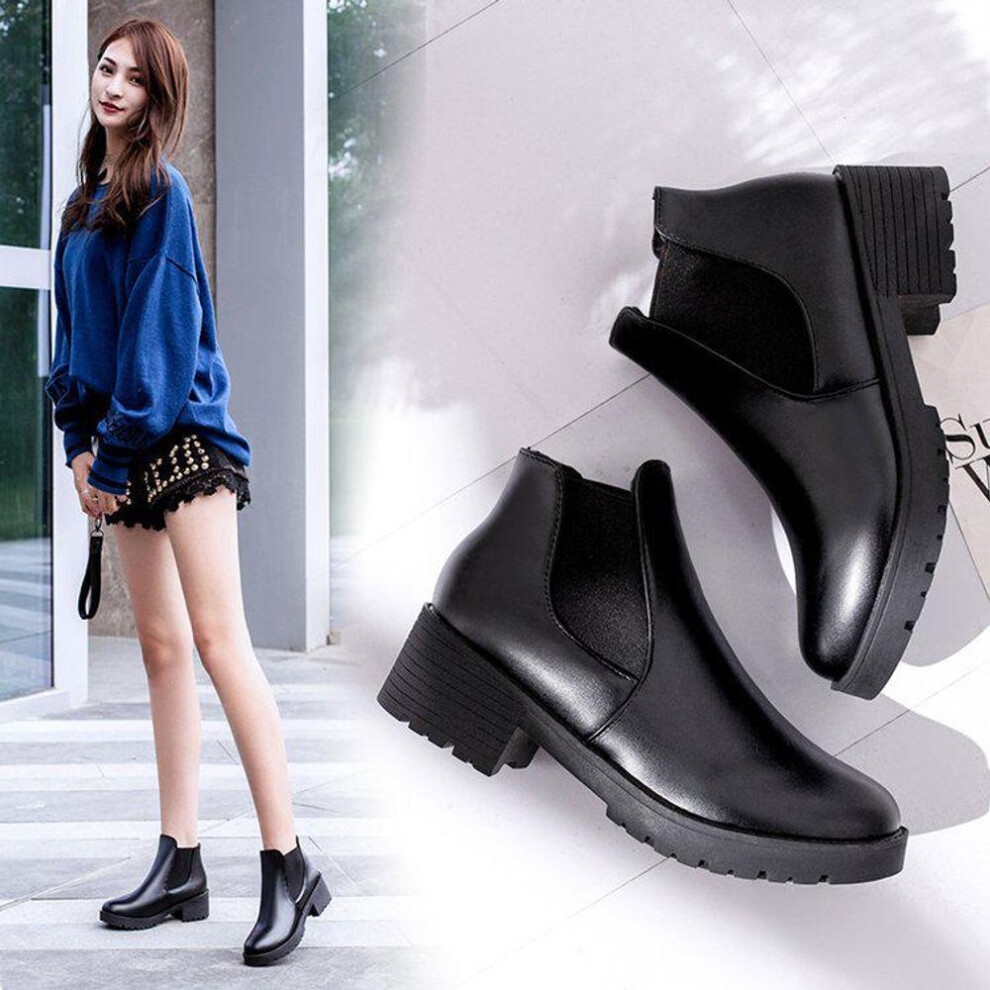 (black, 35) Short Boots Low Heel Women&apos;s Boots  Wild Small Leather Shoes Round Head Women&apos;s Shoes