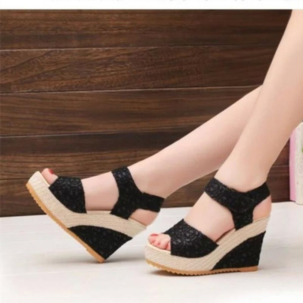 (black, 38) Women Shoe Summer  Open Toe Fish Head High Heels Wedge Sandals