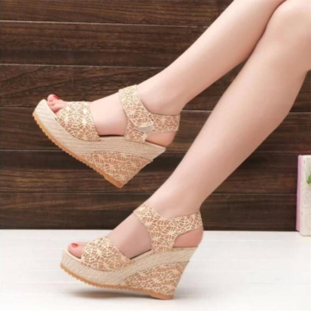 (beige, 36) Women Shoe Summer  Open Toe Fish Head High Heels Wedge Sandals