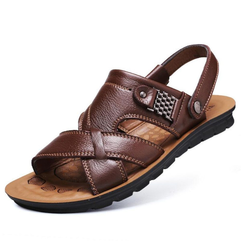 (brown, 41) Large Size Sandal Men Summer Casual Beach Leather Sandals Genuine Leather Sandals