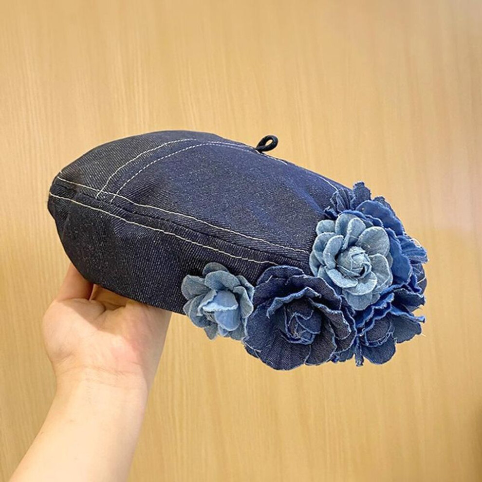 (dark blue) Fashion Blue Camellia Denim fabric Trendy Beret Painter Cap Woman Elegant Vintage Hats Hat