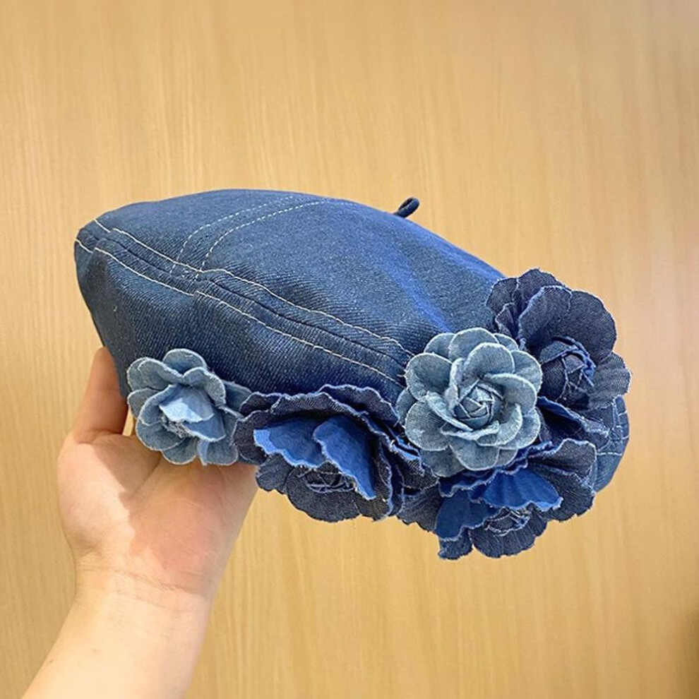 (blue) Fashion Blue Camellia Denim Fabric Trendy Beret Painter Cap Woman Elegant Vintage Hats Hat