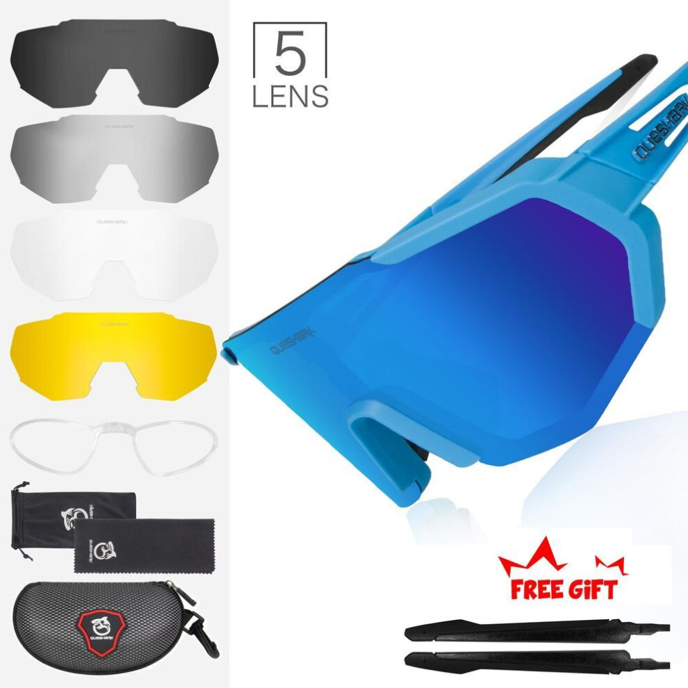 (blue) Queshark Polarized Cycling Sunglasses Bicycle Goggles Men Women Mountain Bike Glasses Sport Eyewear With 5 Lenses