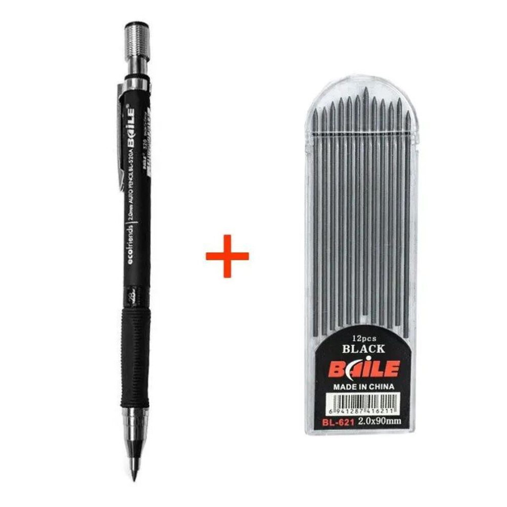 (black) 2.0mm Mechanical Pencil Set 2b Automatic Pencils With Black Lead Refills For Draft Drawing, Writing, Crafting, Art Sketch