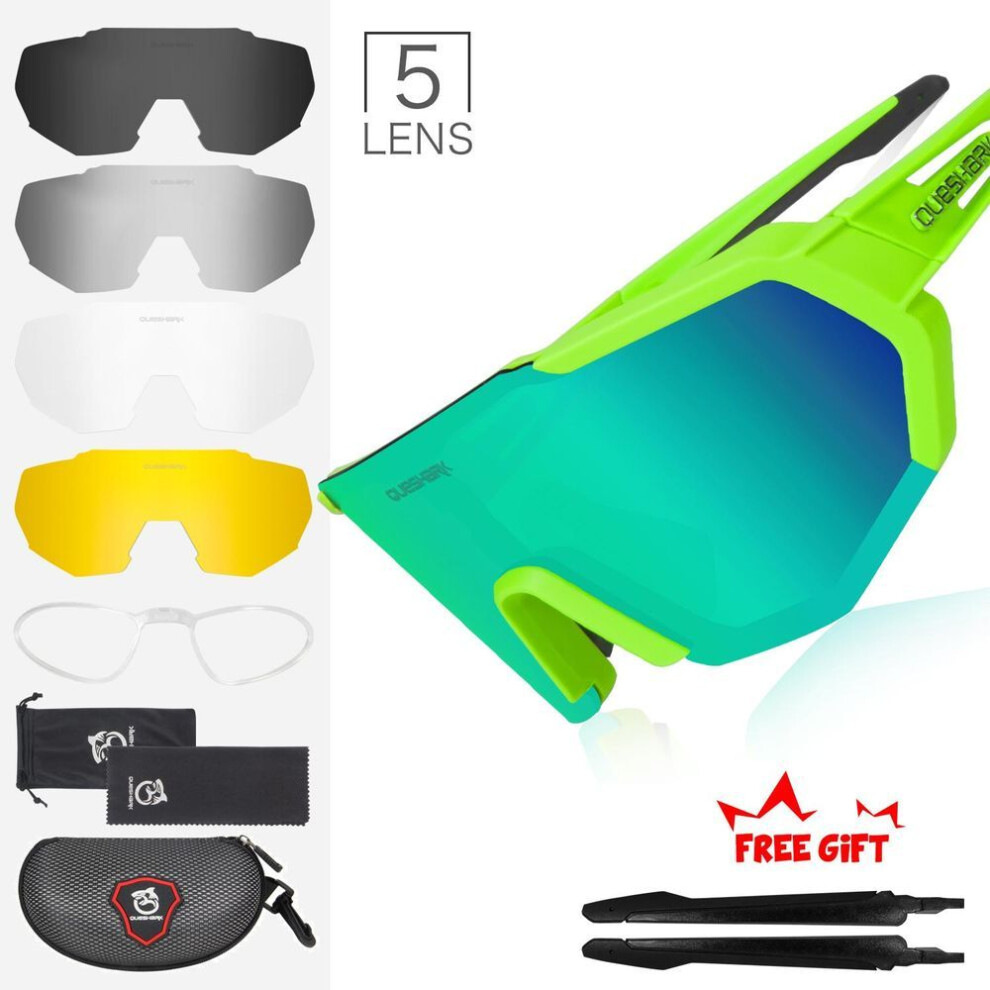 (green) Queshark Polarized Cycling Sunglasses Bicycle Goggles Men Women Mountain Bike Glasses Sport Eyewear With 5 Lenses