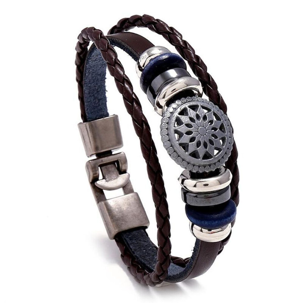 (brown, 23cm) 1pcs Braided Wrap Leather Bracelets For Men Vintage Life Tree Rudder Charm Wood Beads Ethnic Tribal Wristband Rope Bracelet