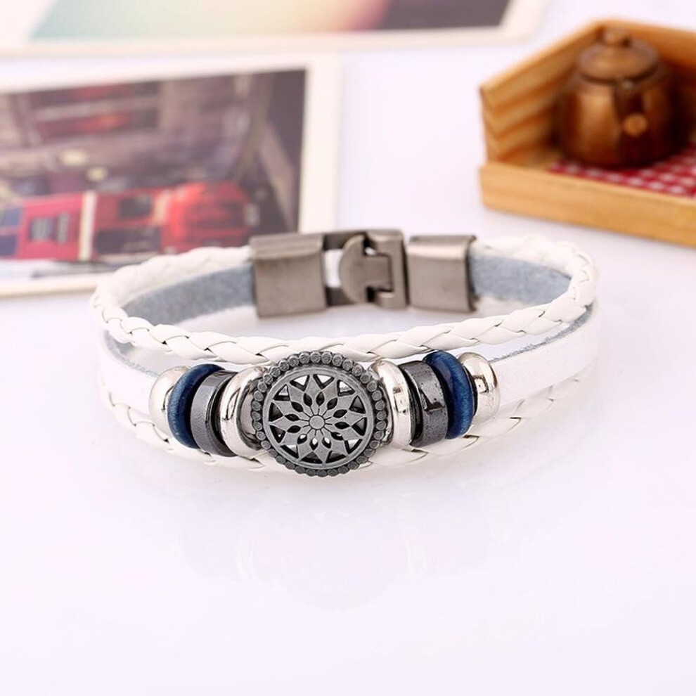 (white, 23cm) 1pcs Braided Wrap Leather Bracelets For Men Vintage Life Tree Rudder Charm Wood Beads Ethnic Tribal Wristband Rope Bracelet