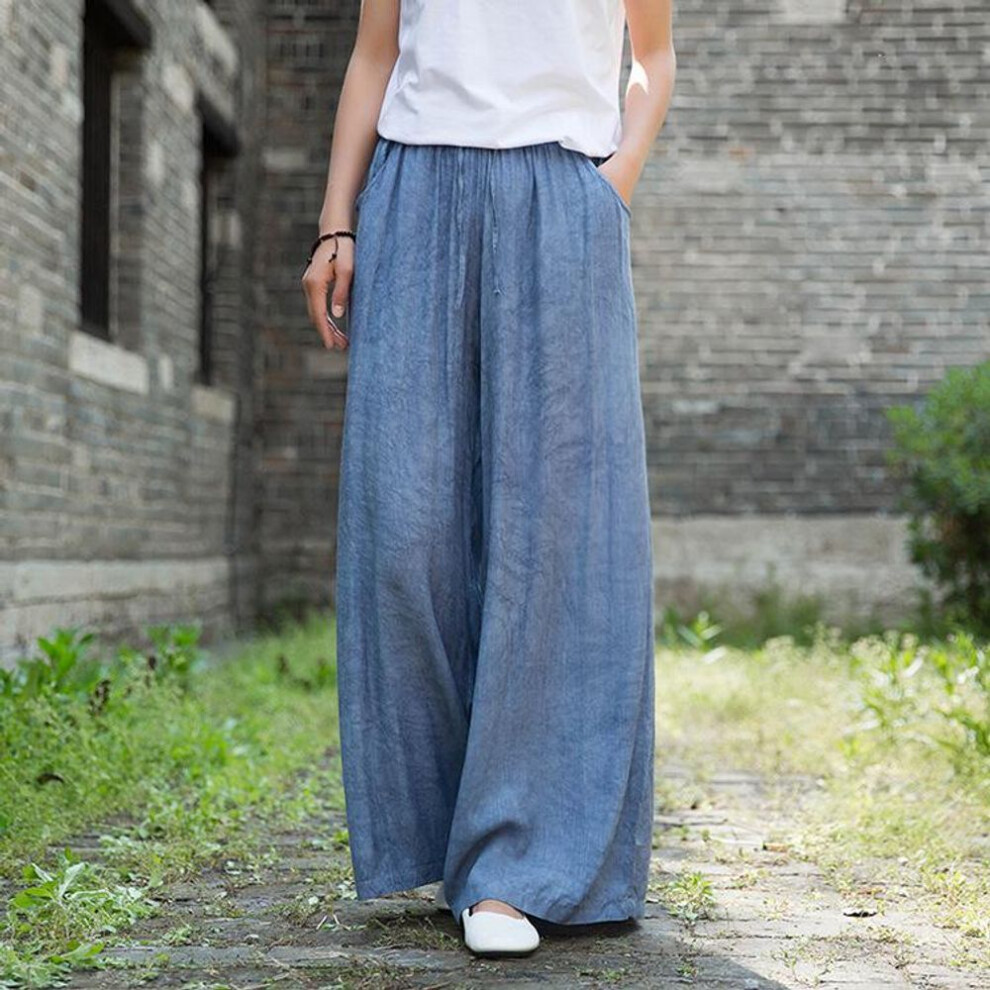 (blue, One Size) Johnature Spring Autumn Full Length Retro Pants Elastic Waist Tie Dye Wide Leg Women Lace Up Pants