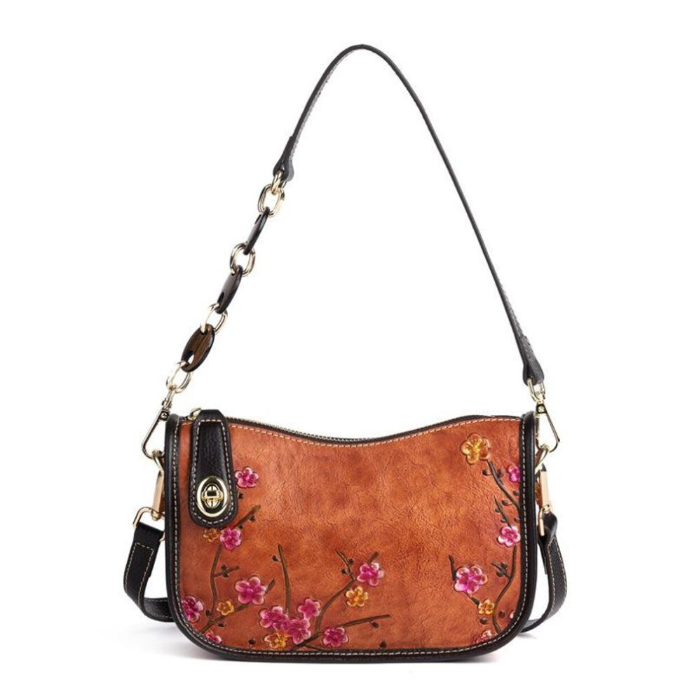 (brown) Johnature Women Small Bag Genuine Leather Retro Embossed Underarm Bag Versatile Natural Cowhide Shoulder Bags