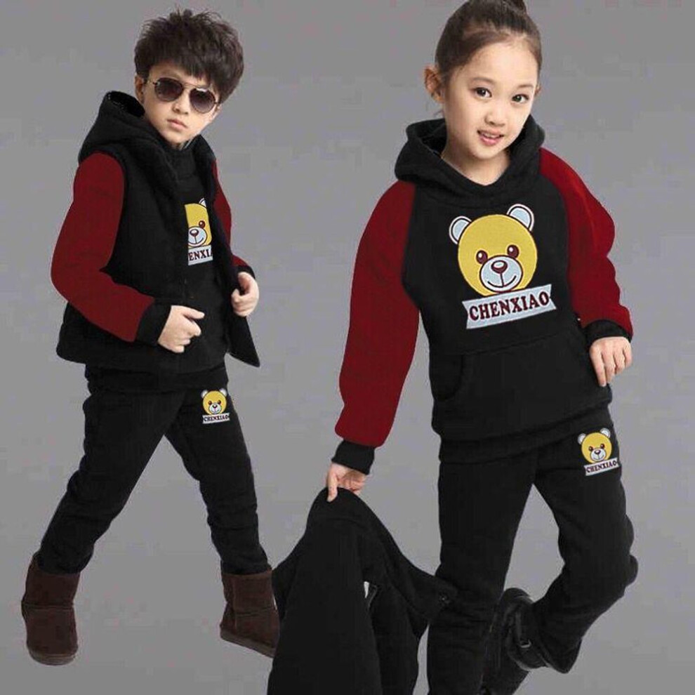 (black, 140cm) Children&apos;s Autumn And Winter Suit Boys And Girls With Velvet Sweater Sweatpants Vest Warm Three Sets