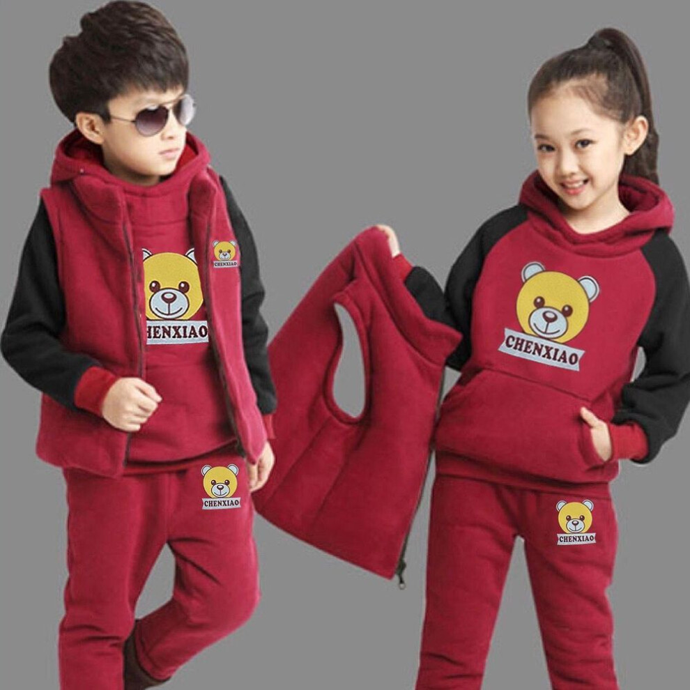 (red, 150cm) Children&apos;s Autumn And Winter Suit Boys And Girls With Velvet Sweater Sweatpants Vest Warm Three Sets