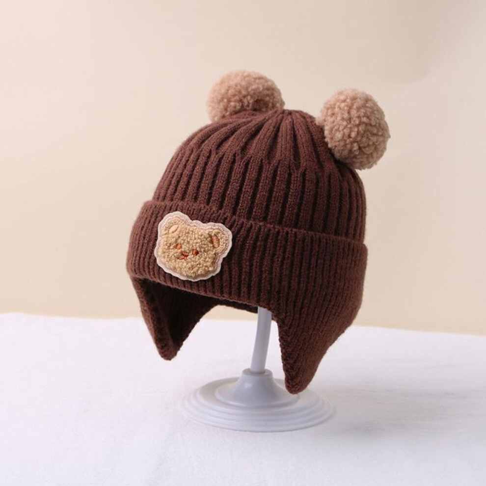 (coffee) 1pc Winter Baby Beanie Cap Cartoon Bear Ear Protection Knitted Hat For Toddler Boys Girls
