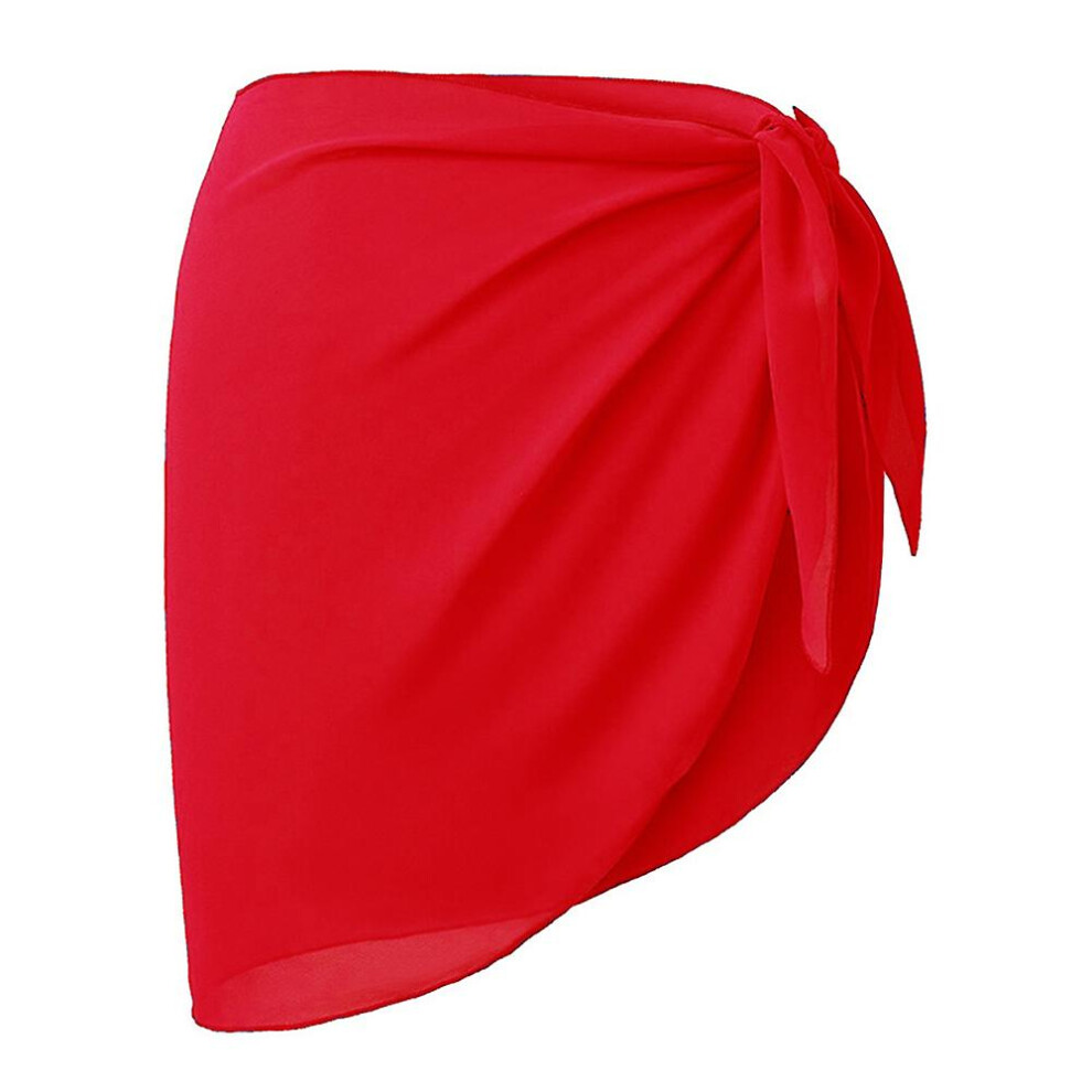 (Red) Women's Summer Beach Bikini Cover Up Skirt Holiday Casual Swimwear Plain Wrap Sarong Swimsuit Sheer Cover Ups