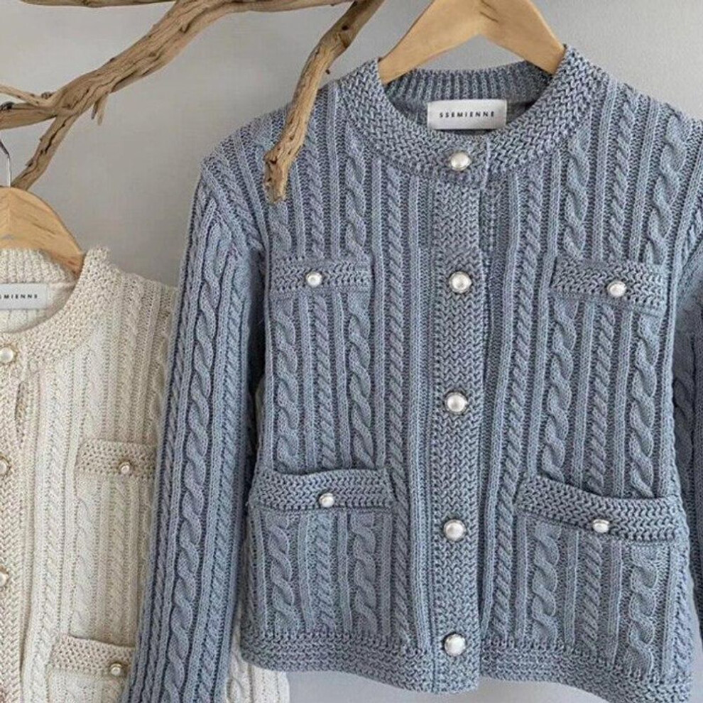 (orion, One Size) Elegant Twist Knitted Cardigan Sweater Women Korean Fashion Round Neck Pearl Buckle Cardigans Woman Long Sleeve Loose Tops 28043