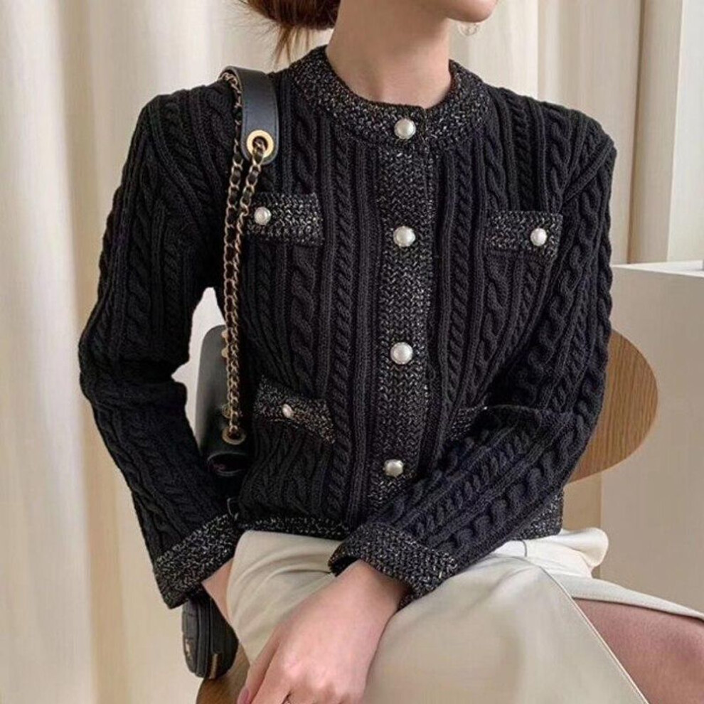 (black, One Size) Elegant Twist Knitted Cardigan Sweater Women Korean Fashion Round Neck Pearl Buckle Cardigans Woman Long Sleeve Loose Tops 28043