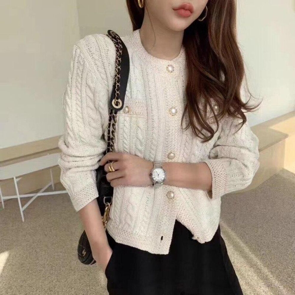 (white, One Size) Elegant Twist Knitted Cardigan Sweater Women Korean Fashion Round Neck Pearl Buckle Cardigans Woman Long Sleeve Loose Tops 28043