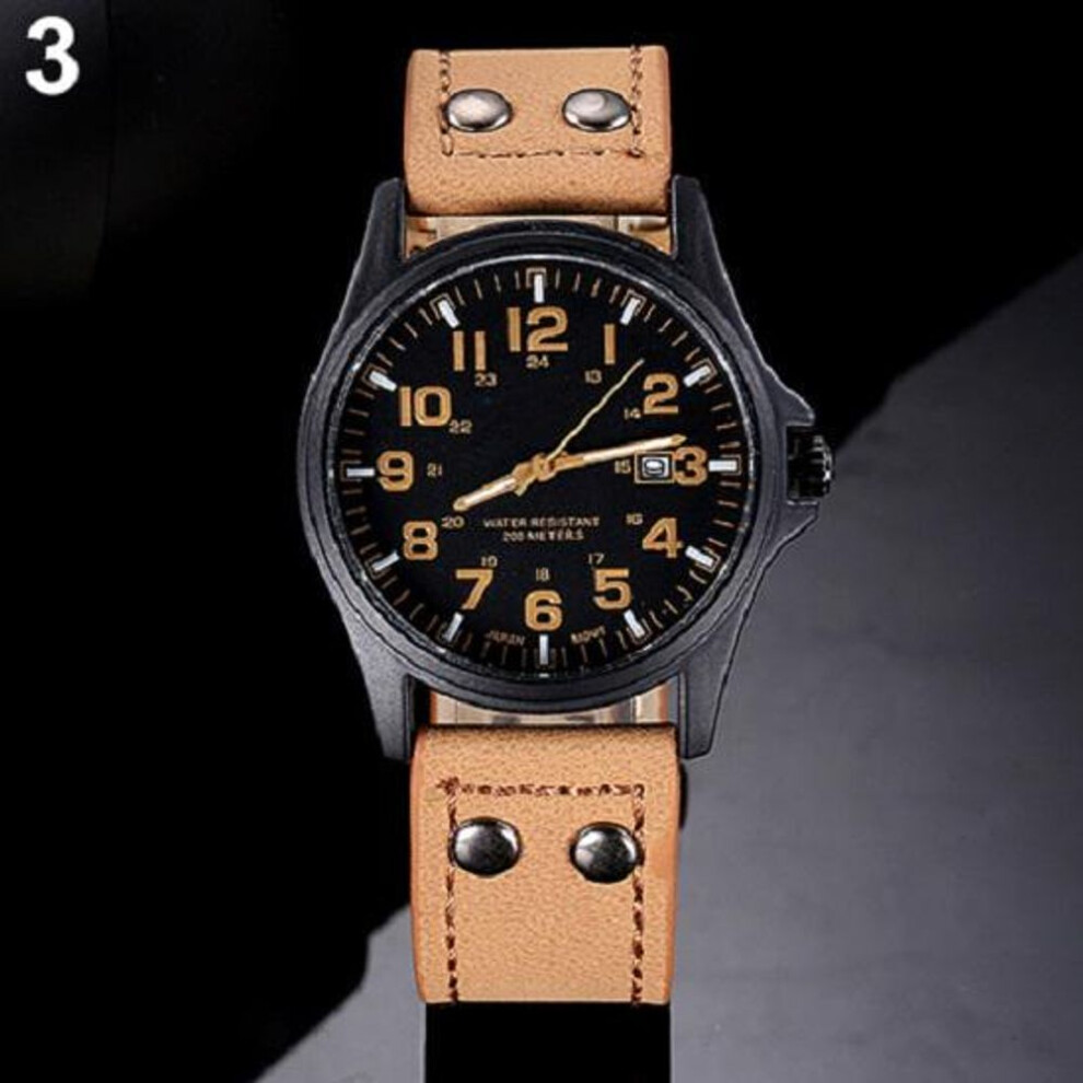 (khaki) Jewellery Vintage Classic Men&apos;s Waterproof Date Leather Strap Sport Quartz Army Watch