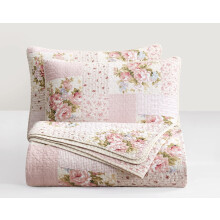 Chezmoi Collection Rosy 3-osainen king-size painettu tilkkupuuvillainen peittosarja - vaaleanpunainen kukka kukkaraidallinen pilkku - kivipesty kevyt