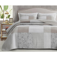 Chezmoi Collection Quinn 3-osainen Neutral Taupe Harmaa Valkoinen kukkainen Hibiscus Flower Flower Candy Stripe Patchwork peittosarja - Esipesty puuv