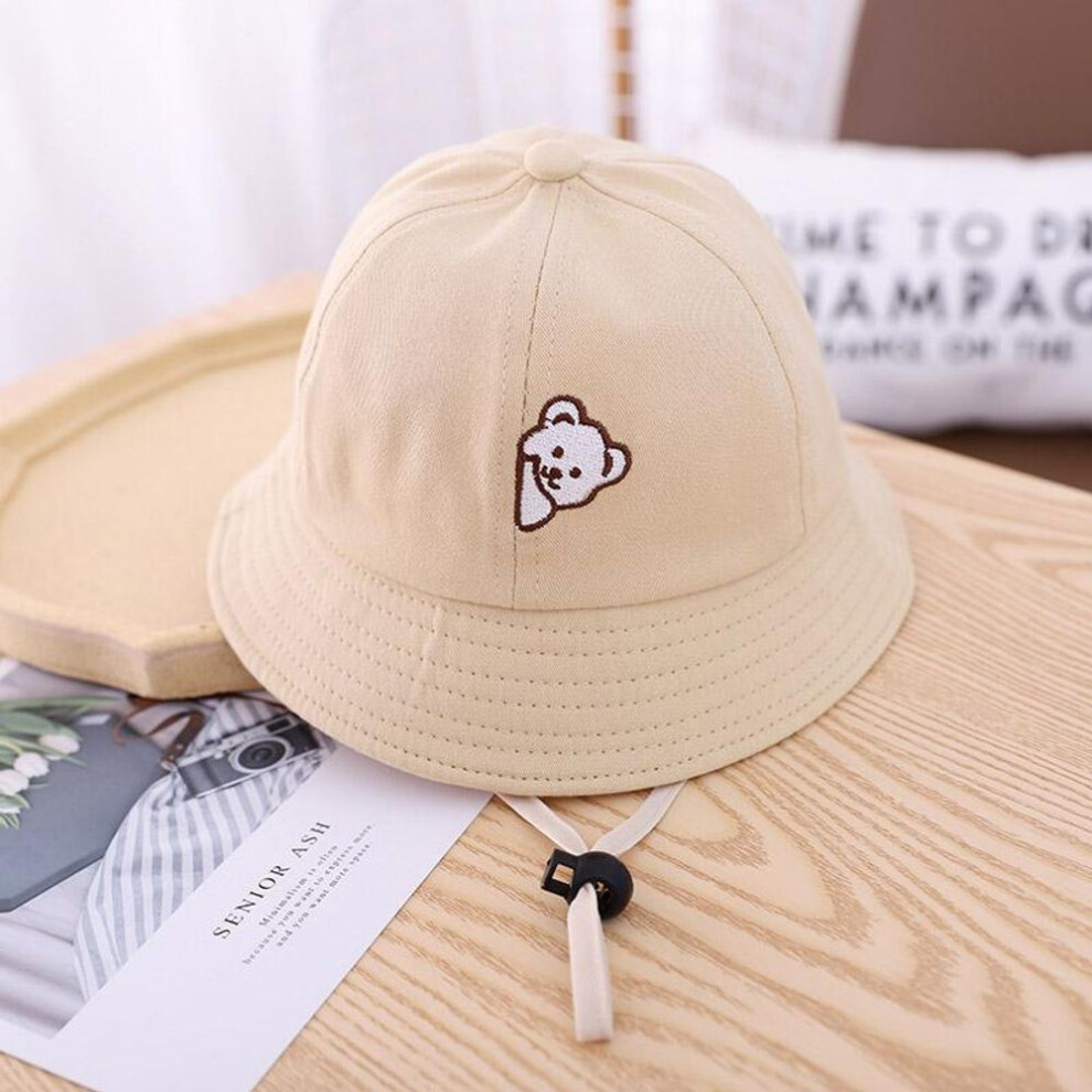 (beige) Cute Bear Baby Hat Embroidery Spring Summer Kids Girl Boy Bucket Cap Soft Cotton Children Toddler Beach Fisherman Sun Hat