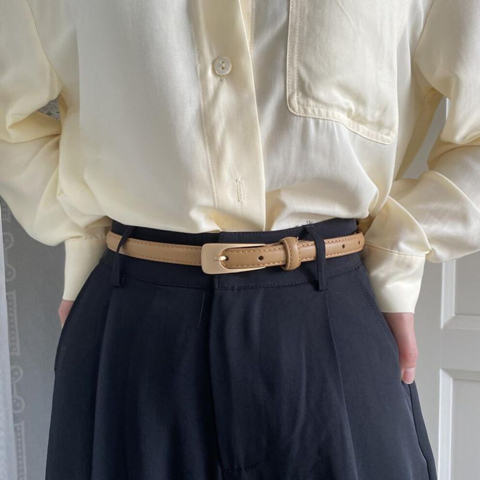 (khaki) Retro Simple Wild Thin Pu Leather Belt Female Girl Solid Color Gold Metal Buckle Chic Waist Belts Jeans Pants Decor Waistbands