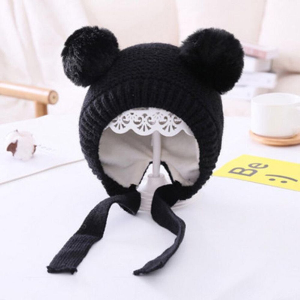 (black) Double Pompom Baby Girl Hat Lacing Knitted Autumn Winter Bonnet Soft Solid Color Kids Beanie Cap