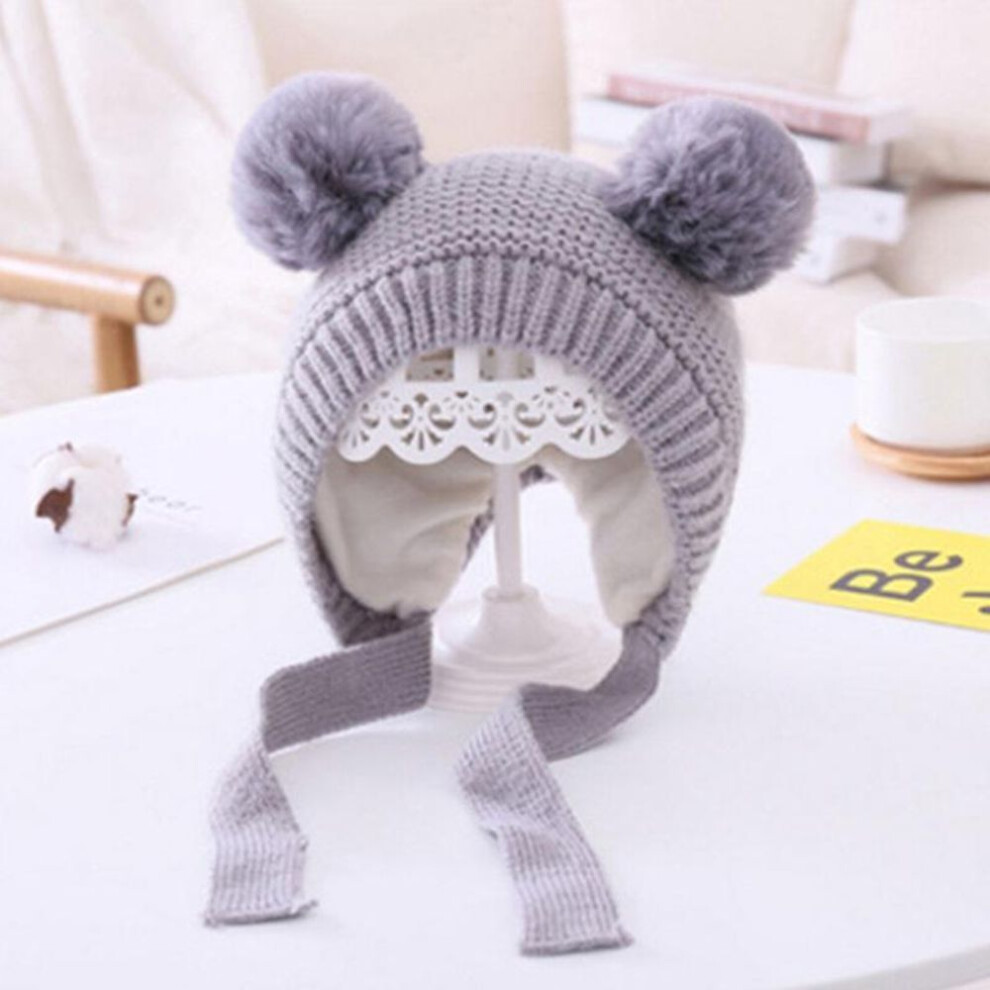 (grey) Double Pompom Baby Girl Hat Lacing Knitted Autumn Winter Bonnet Soft Solid Color Kids Beanie Cap