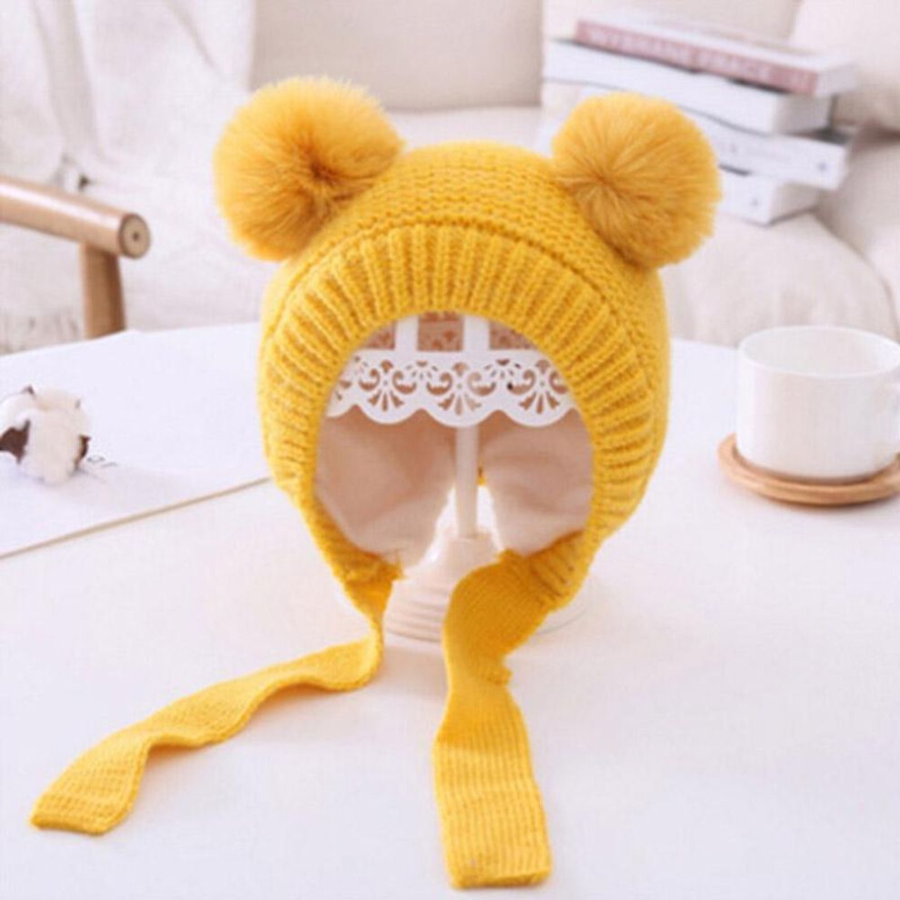 (yellow) Double Pompom Baby Girl Hat Lacing Knitted Autumn Winter Bonnet Soft Solid Color Kids Beanie Cap