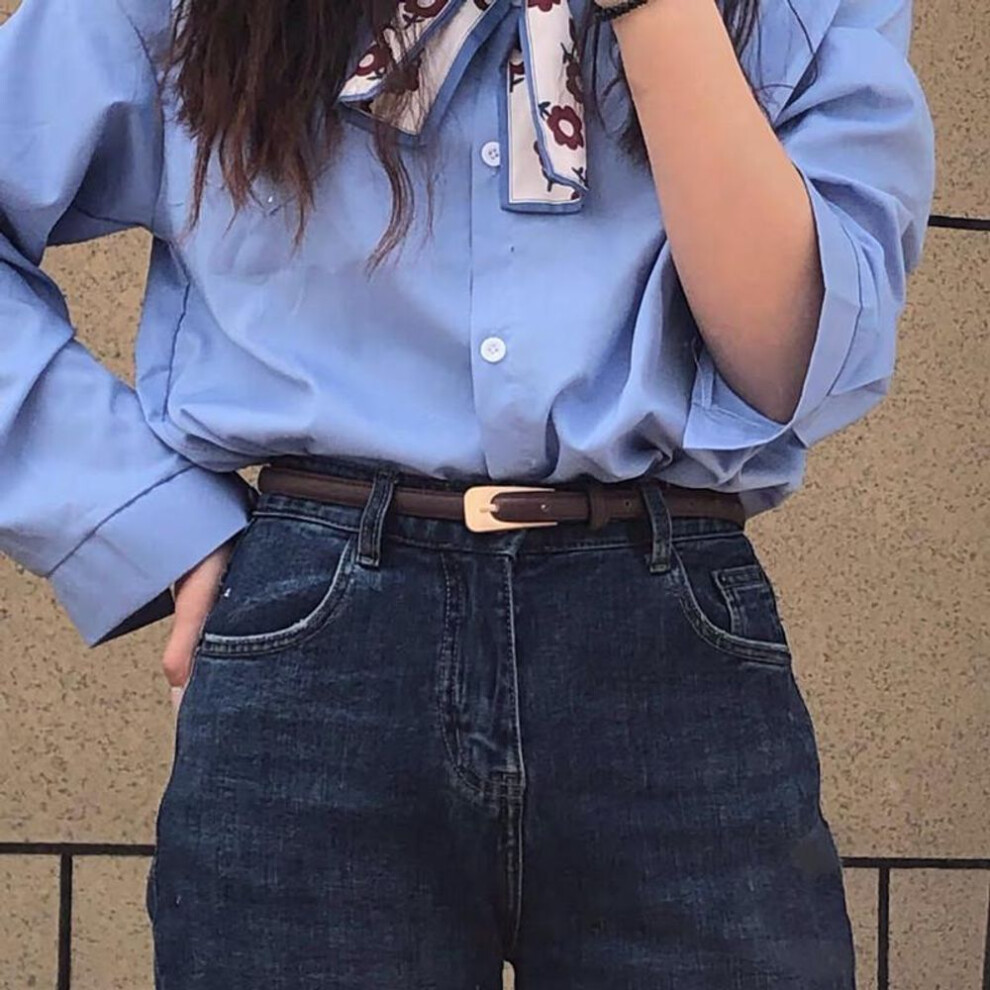 (coffee) Retro Simple Wild Thin PU Leather Belt Female Girl Solid Color Gold Metal Buckle Chic Waist Belts Jeans Pants Decor Waistbands