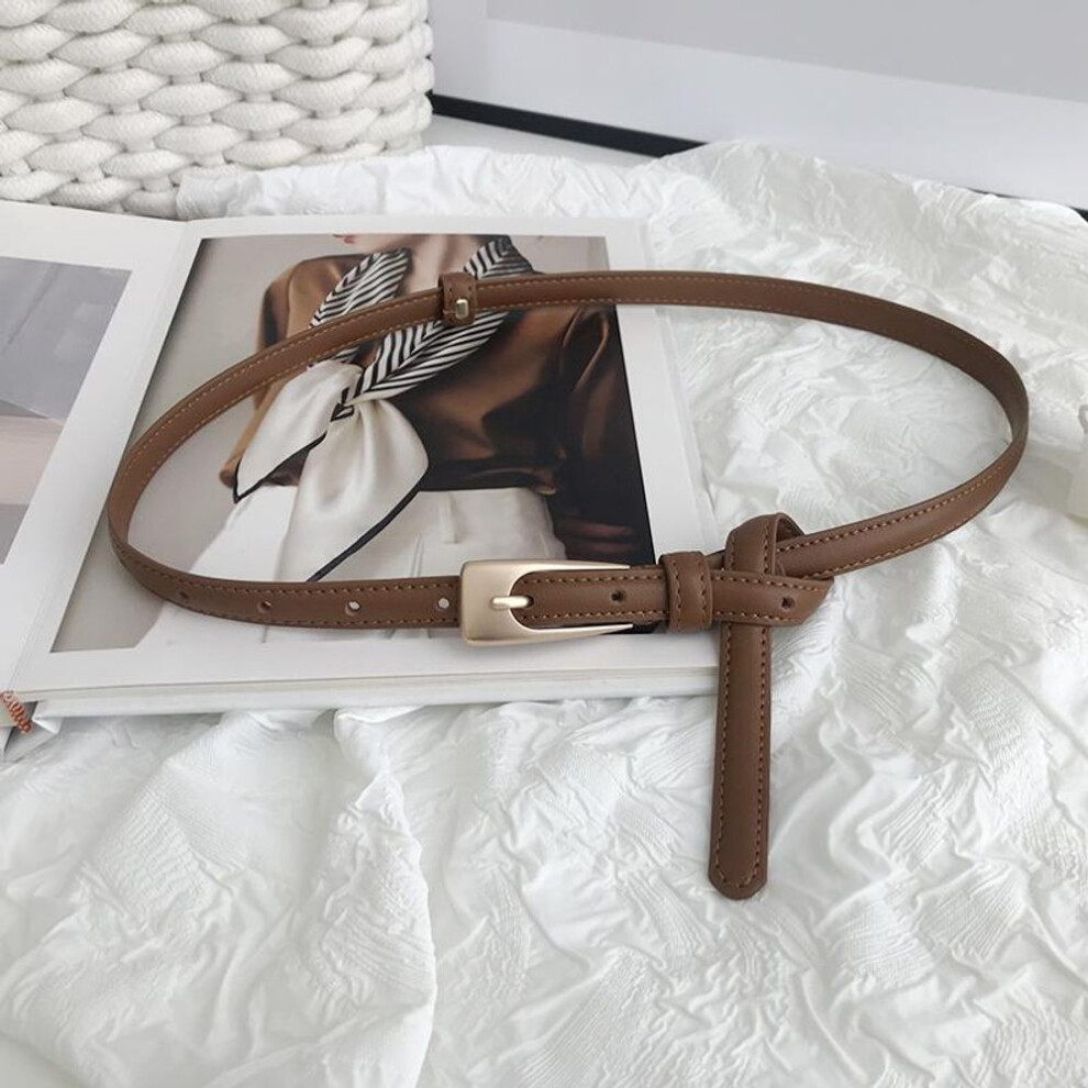 (brown) Retro Simple Wild Thin Pu Leather Belt Female Girl Solid Color Gold Metal Buckle Chic Waist Belts Jeans Pants Decor Waistbands