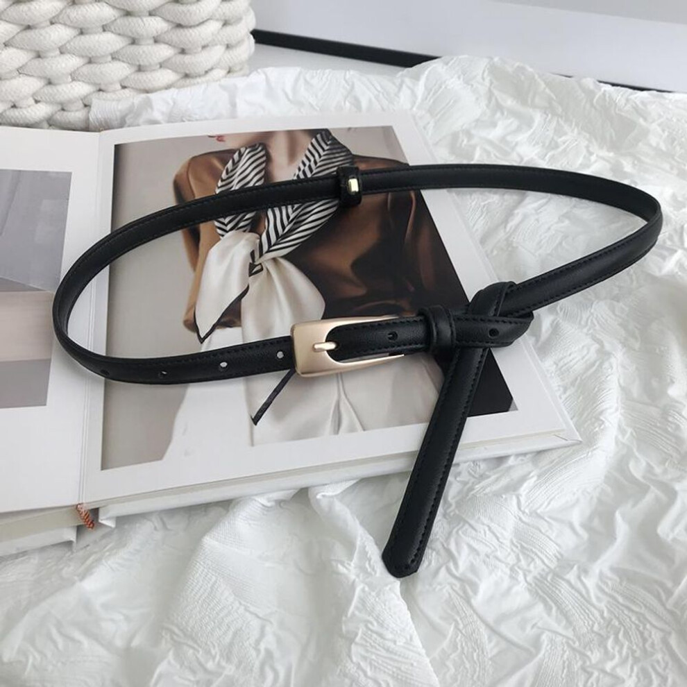 (black) Retro Simple Wild Thin PU Leather Belt Female Girl Solid Color Gold Metal Buckle Chic Waist Belts Jeans Pants Decor Waistbands